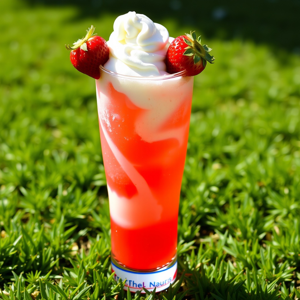 A refreshing strawberry vanilla cream soda in a glass with ice, topped with whipped cream and strawberries, on a sunny outdoor background.